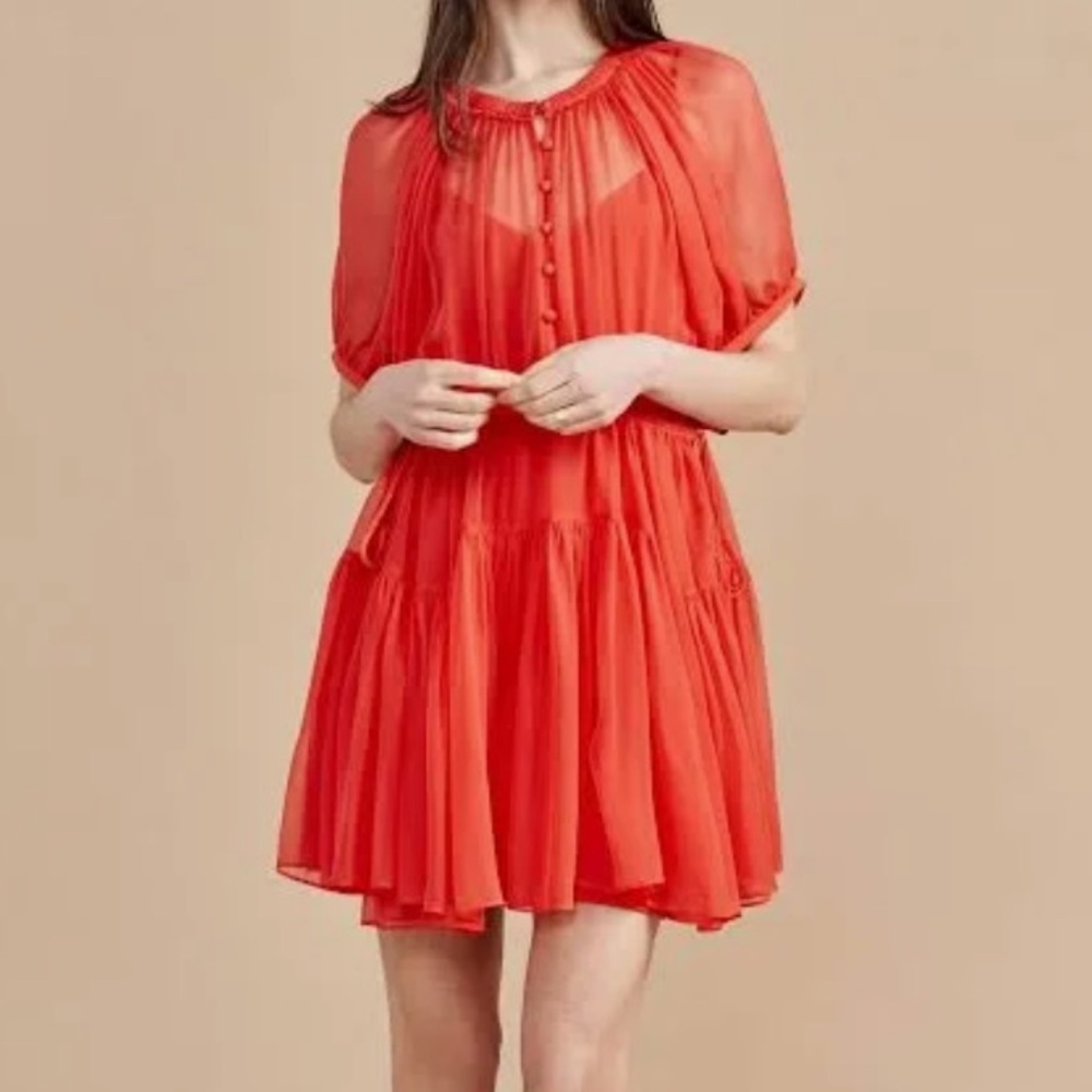 La Ligne Ava Red Chiffon Silk Mini Dress - Picture 3 of 11